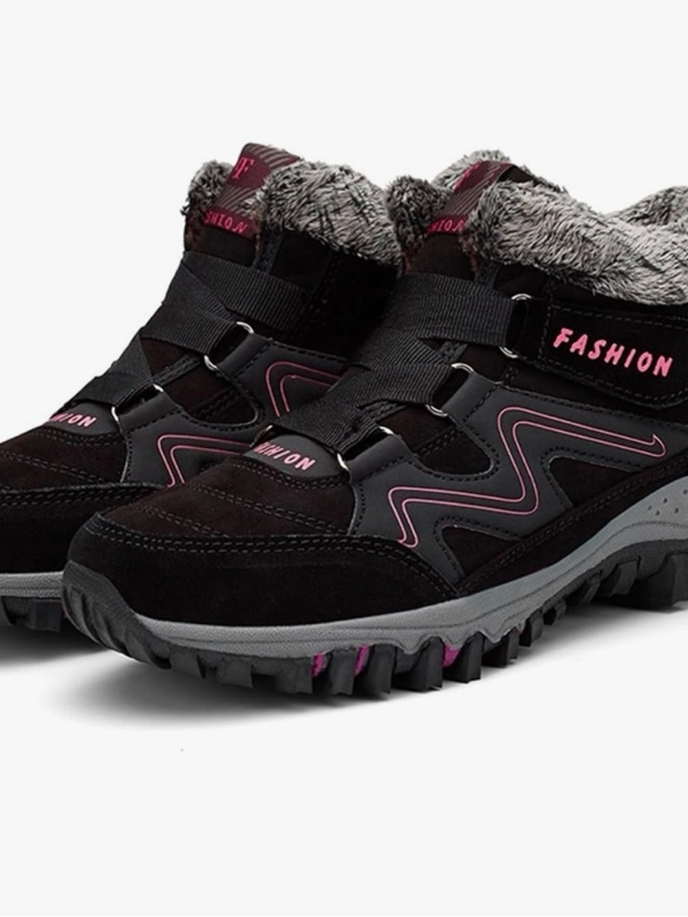 Black + Pink Faux-Fur Lace-Up Hiking Boots - Picture 3 of 10